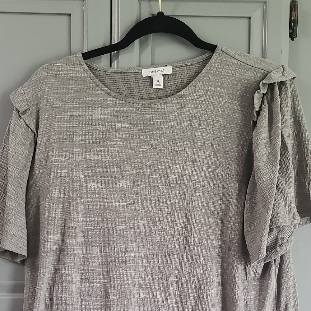 Nine West Relaxed Gray Ruffled T-Shirt